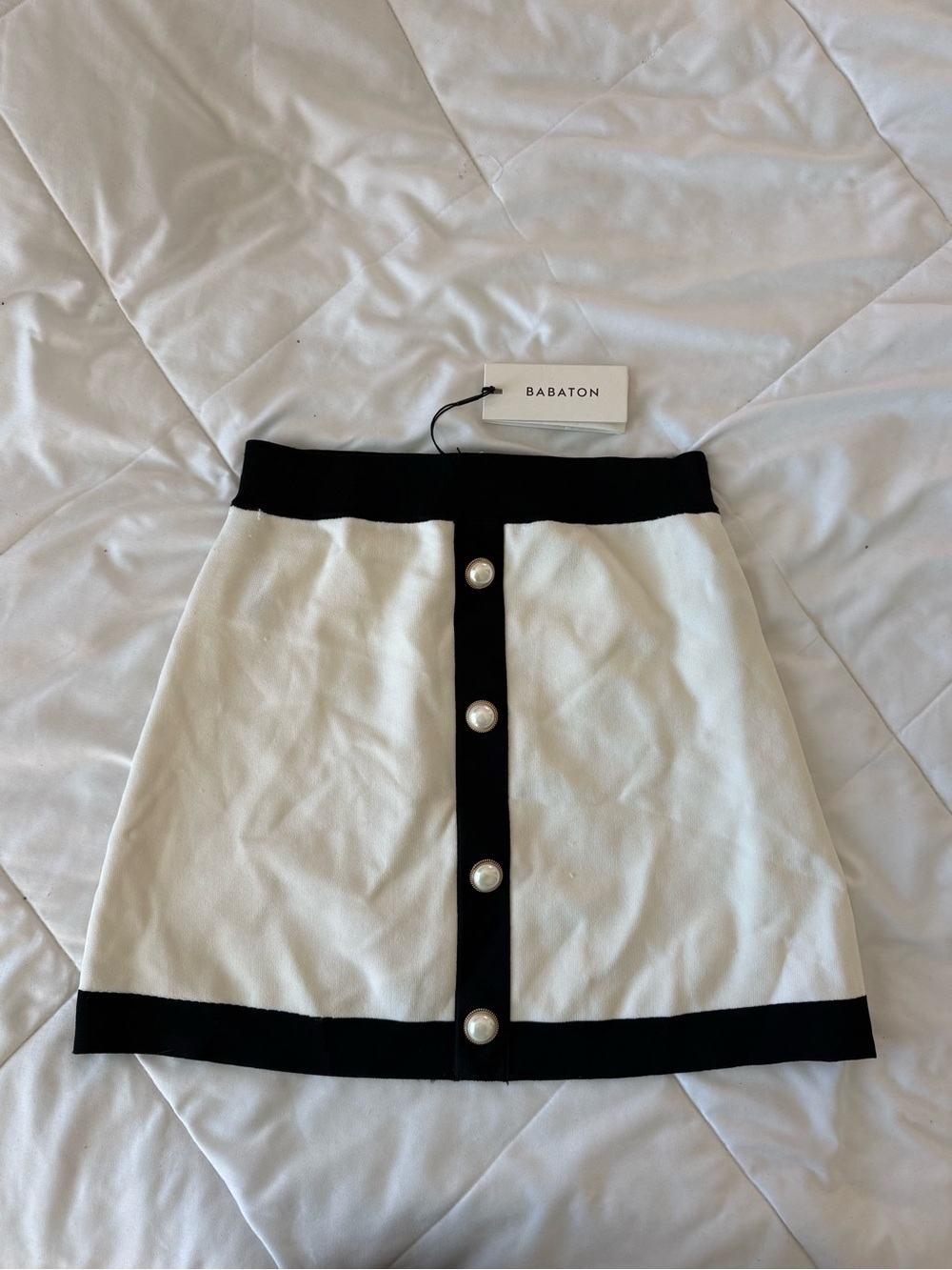 Babaton Black & White Pearl-Trim A-Line Mini Skirt (snags shown in pics)